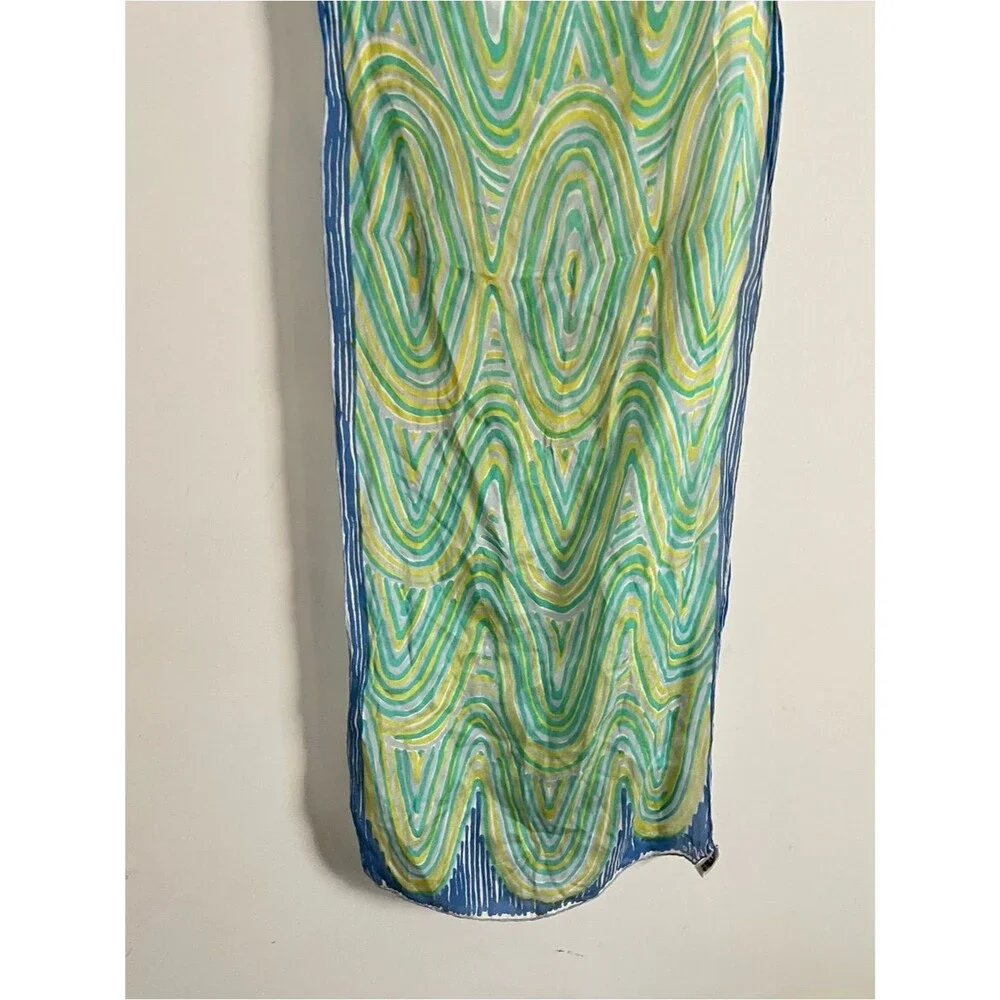 Vintage Veratepe Silk Rayon Abstract Wave Scarf Handmade in Japan Blue Green Ret